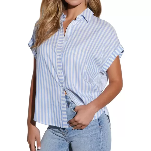 imagechouyatou Womens Summer Cap Sleeve Striped Button Down Shirt Loose Business Casual Tops Work BlousesLight Blue