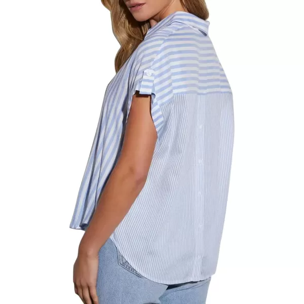 imagechouyatou Womens Summer Cap Sleeve Striped Button Down Shirt Loose Business Casual Tops Work BlousesLight Blue