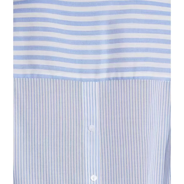 imagechouyatou Womens Summer Cap Sleeve Striped Button Down Shirt Loose Business Casual Tops Work BlousesLight Blue