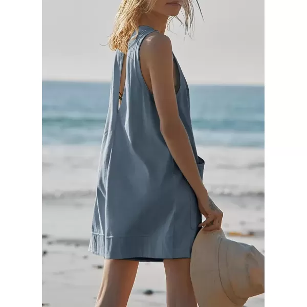 imagechouyatou Womens Summer Cotton Linen Overall Shorts Casual Loose Sleeveless Romper JumpsuitsAquamarine