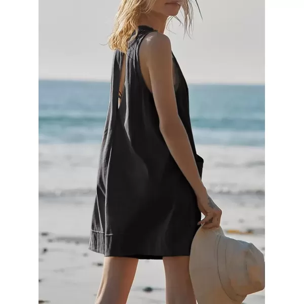 imagechouyatou Womens Summer Cotton Linen Overall Shorts Casual Loose Sleeveless Romper JumpsuitsBlack