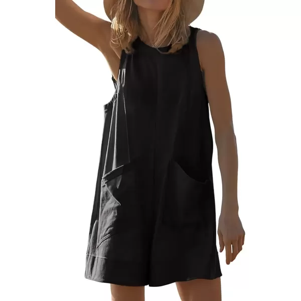 imagechouyatou Womens Summer Cotton Linen Overall Shorts Casual Loose Sleeveless Romper JumpsuitsBlack