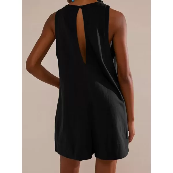 imagechouyatou Womens Summer Cotton Linen Overall Shorts Casual Loose Sleeveless Romper JumpsuitsBlack
