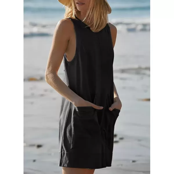 imagechouyatou Womens Summer Cotton Linen Overall Shorts Casual Loose Sleeveless Romper JumpsuitsBlack