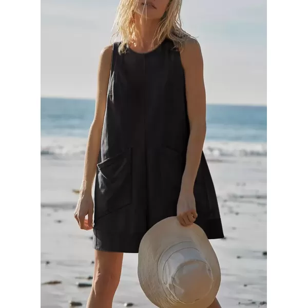 imagechouyatou Womens Summer Cotton Linen Overall Shorts Casual Loose Sleeveless Romper JumpsuitsBlack