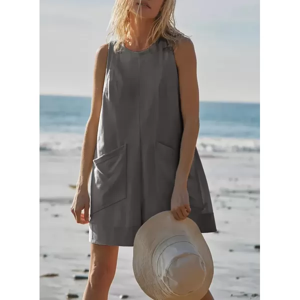 imagechouyatou Womens Summer Cotton Linen Overall Shorts Casual Loose Sleeveless Romper JumpsuitsDark Grey
