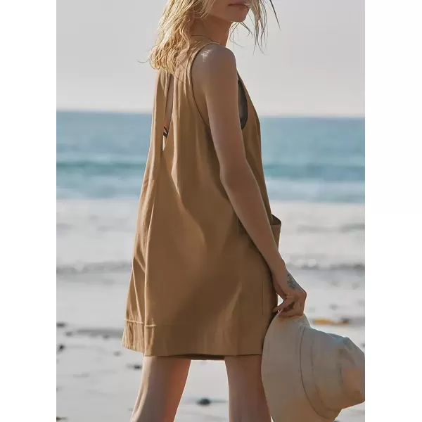 imagechouyatou Womens Summer Cotton Linen Overall Shorts Casual Loose Sleeveless Romper JumpsuitsKhaki