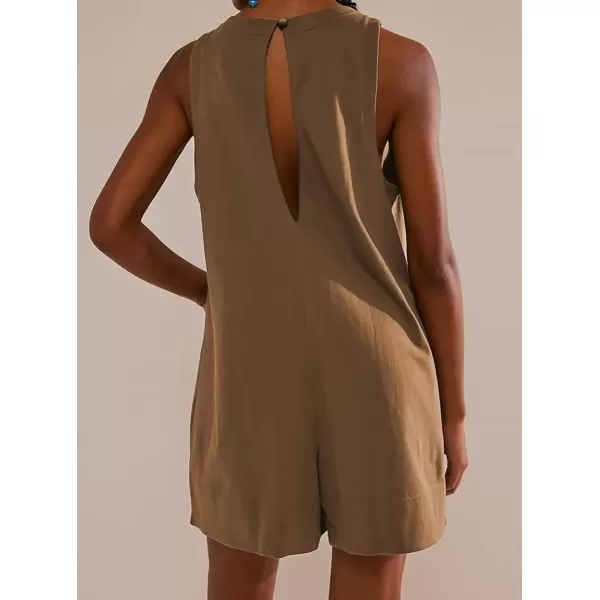 imagechouyatou Womens Summer Cotton Linen Overall Shorts Casual Loose Sleeveless Romper JumpsuitsKhaki
