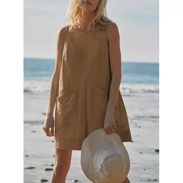 imagechouyatou Womens Summer Cotton Linen Overall Shorts Casual Loose Sleeveless Romper JumpsuitsKhaki