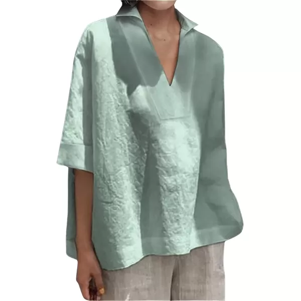 imagechouyatou Womens Summer Polo Neck Linen Shirt Loose Casual Short Sleeve Tunic Tops BlousesGreen