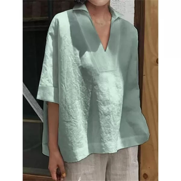 imagechouyatou Womens Summer Polo Neck Linen Shirt Loose Casual Short Sleeve Tunic Tops BlousesGreen
