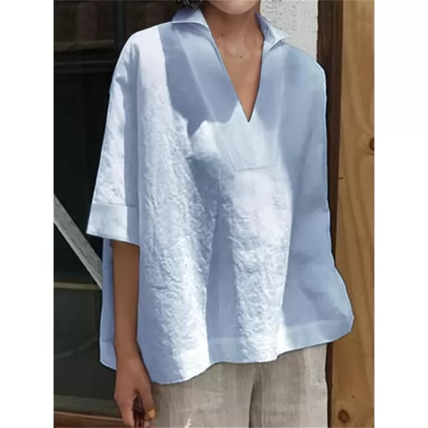 imagechouyatou Womens Summer Polo Neck Linen Shirt Loose Casual Short Sleeve Tunic Tops BlousesLight Blue