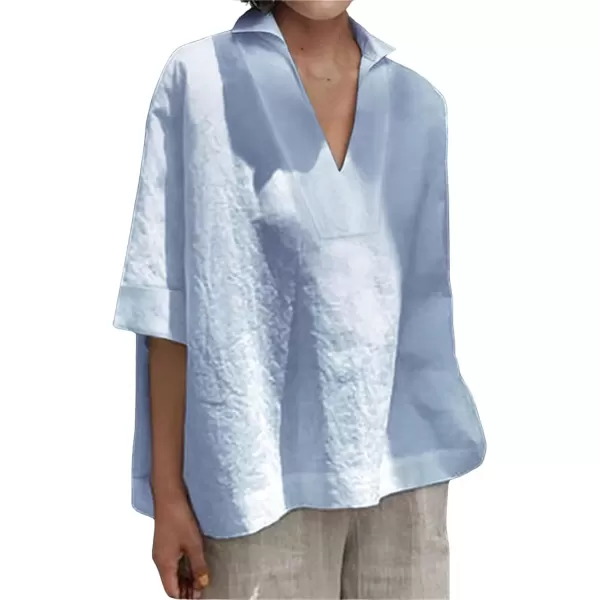 imagechouyatou Womens Summer Polo Neck Linen Shirt Loose Casual Short Sleeve Tunic Tops BlousesLight Blue