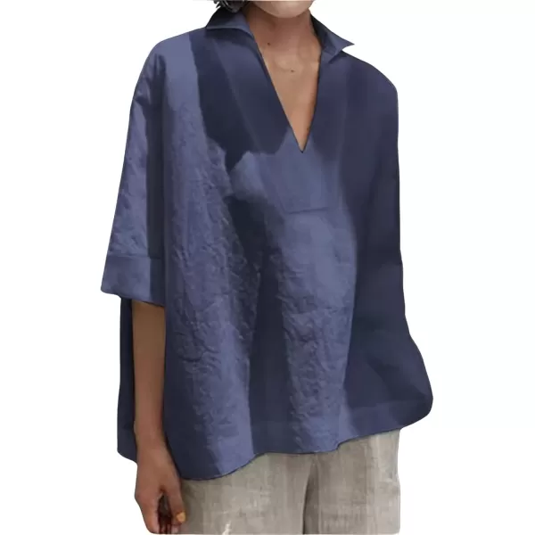 imagechouyatou Womens Summer Polo Neck Linen Shirt Loose Casual Short Sleeve Tunic Tops BlousesNavy Blue