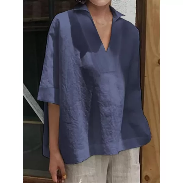 imagechouyatou Womens Summer Polo Neck Linen Shirt Loose Casual Short Sleeve Tunic Tops BlousesNavy Blue