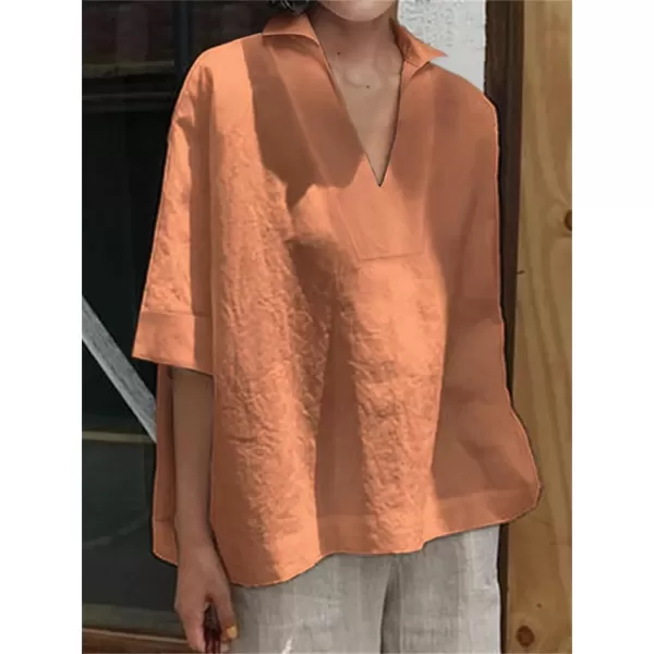 imagechouyatou Womens Summer Polo Neck Linen Shirt Loose Casual Short Sleeve Tunic Tops BlousesOrangish Red