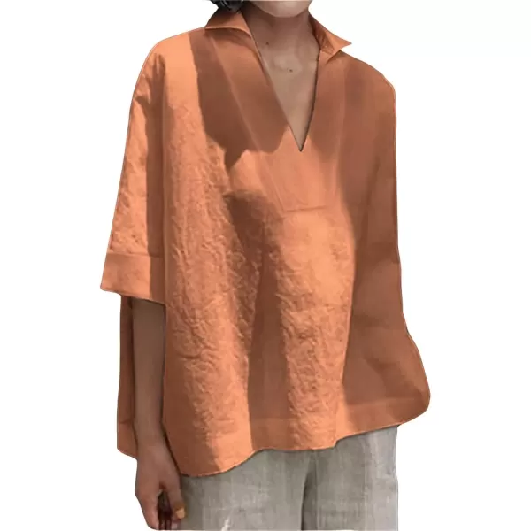 imagechouyatou Womens Summer Polo Neck Linen Shirt Loose Casual Short Sleeve Tunic Tops BlousesOrangish Red