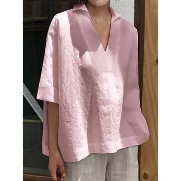 imagechouyatou Womens Summer Polo Neck Linen Shirt Loose Casual Short Sleeve Tunic Tops BlousesPink