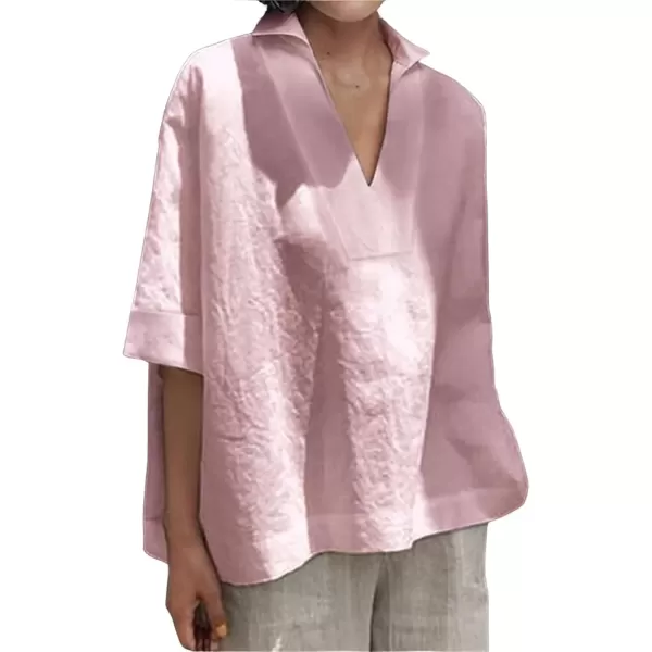 imagechouyatou Womens Summer Polo Neck Linen Shirt Loose Casual Short Sleeve Tunic Tops BlousesPink