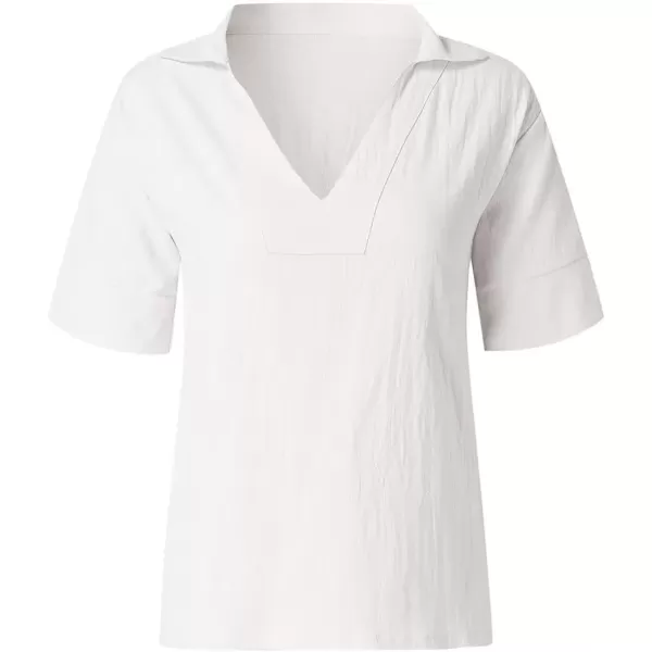 imagechouyatou Womens Summer Polo Neck Linen Shirt Loose Casual Short Sleeve Tunic Tops BlousesWhite
