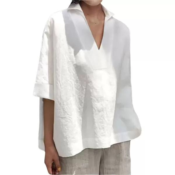 imagechouyatou Womens Summer Polo Neck Linen Shirt Loose Casual Short Sleeve Tunic Tops BlousesWhite