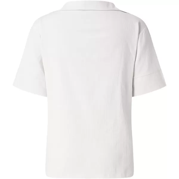 imagechouyatou Womens Summer Polo Neck Linen Shirt Loose Casual Short Sleeve Tunic Tops BlousesWhite