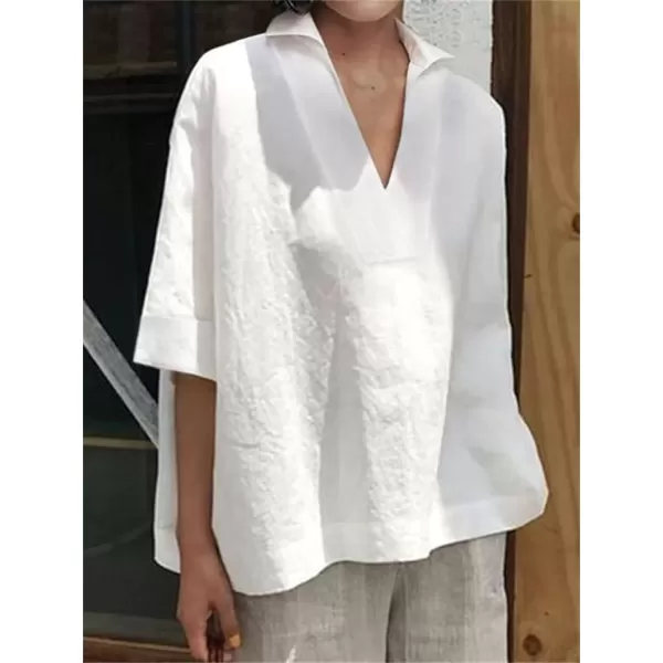 imagechouyatou Womens Summer Polo Neck Linen Shirt Loose Casual Short Sleeve Tunic Tops BlousesWhite