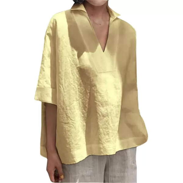 imagechouyatou Womens Summer Polo Neck Linen Shirt Loose Casual Short Sleeve Tunic Tops BlousesYellow