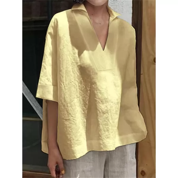 imagechouyatou Womens Summer Polo Neck Linen Shirt Loose Casual Short Sleeve Tunic Tops BlousesYellow