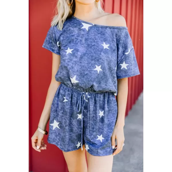 imagechouyatou Womens Summer Short Sleeve Drawstring Romper Star Printed Oversized Loose Jumpsuit ShortsBlue