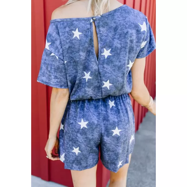 imagechouyatou Womens Summer Short Sleeve Drawstring Romper Star Printed Oversized Loose Jumpsuit ShortsBlue
