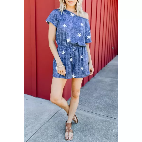 imagechouyatou Womens Summer Short Sleeve Drawstring Romper Star Printed Oversized Loose Jumpsuit ShortsBlue