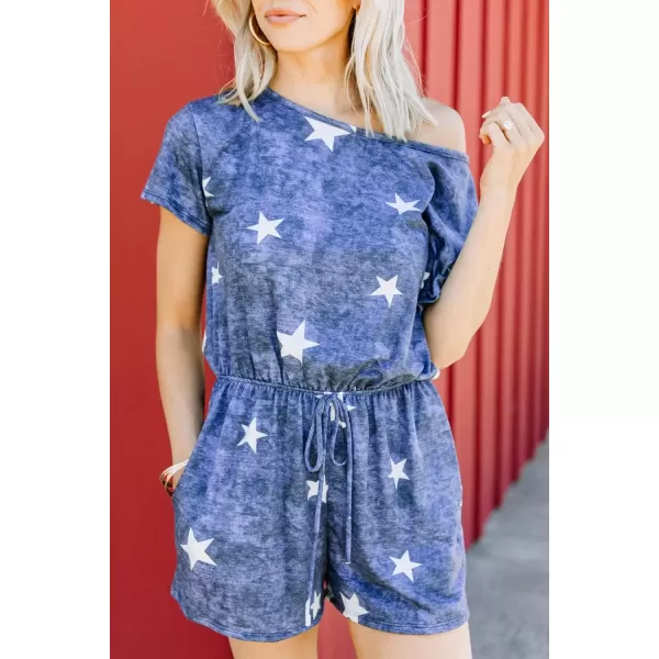 imagechouyatou Womens Summer Short Sleeve Drawstring Romper Star Printed Oversized Loose Jumpsuit ShortsBlue