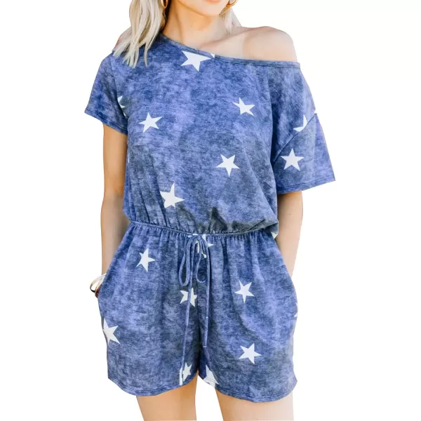 imagechouyatou Womens Summer Short Sleeve Drawstring Romper Star Printed Oversized Loose Jumpsuit ShortsBlue