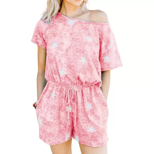 imagechouyatou Womens Summer Short Sleeve Drawstring Romper Star Printed Oversized Loose Jumpsuit ShortsPink