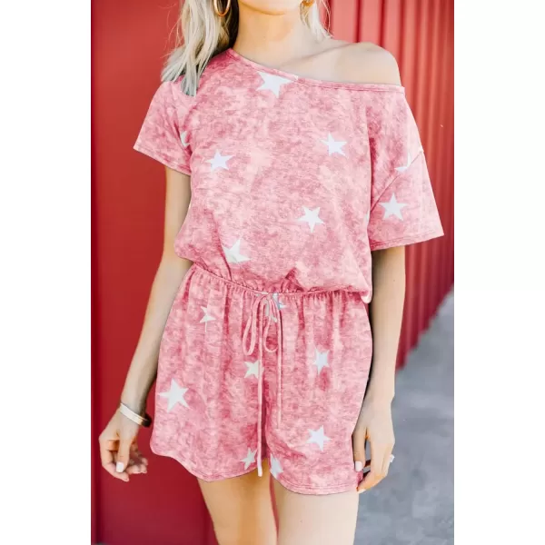 imagechouyatou Womens Summer Short Sleeve Drawstring Romper Star Printed Oversized Loose Jumpsuit ShortsPink