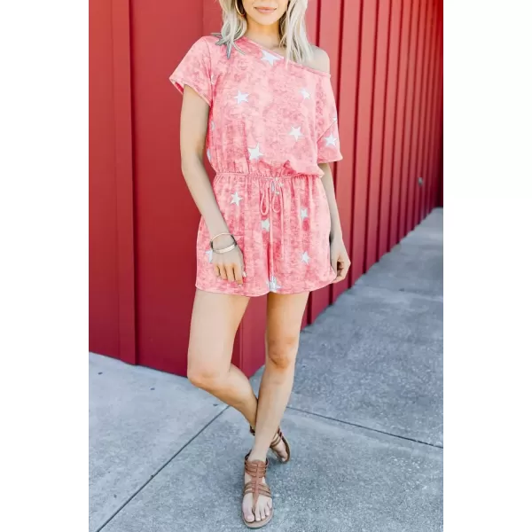 imagechouyatou Womens Summer Short Sleeve Drawstring Romper Star Printed Oversized Loose Jumpsuit ShortsPink
