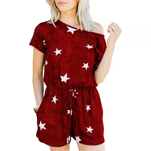 imagechouyatou Womens Summer Short Sleeve Drawstring Romper Star Printed Oversized Loose Jumpsuit ShortsRed