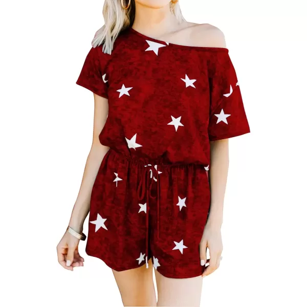 imagechouyatou Womens Summer Short Sleeve Drawstring Romper Star Printed Oversized Loose Jumpsuit ShortsRed