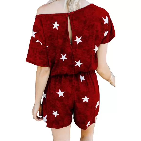 imagechouyatou Womens Summer Short Sleeve Drawstring Romper Star Printed Oversized Loose Jumpsuit ShortsRed