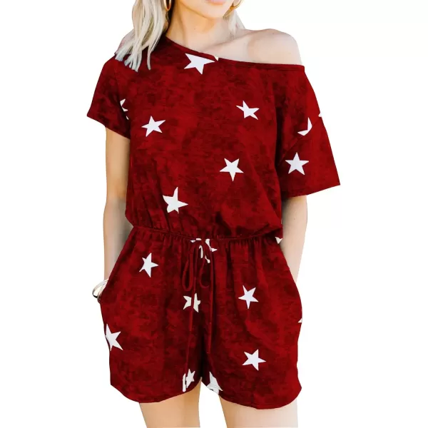 imagechouyatou Womens Summer Short Sleeve Drawstring Romper Star Printed Oversized Loose Jumpsuit ShortsRed