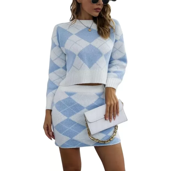 imagechouyatou Womens Sweater 2 Piece Outfit Argyle Print Long Sleeve Pullover Crop Top and Mini Skirt SetBlue