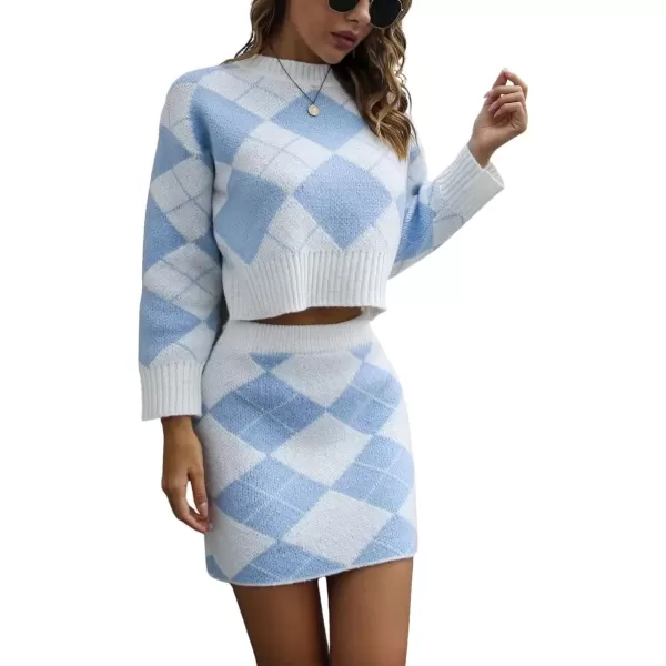 imagechouyatou Womens Sweater 2 Piece Outfit Argyle Print Long Sleeve Pullover Crop Top and Mini Skirt SetBlue