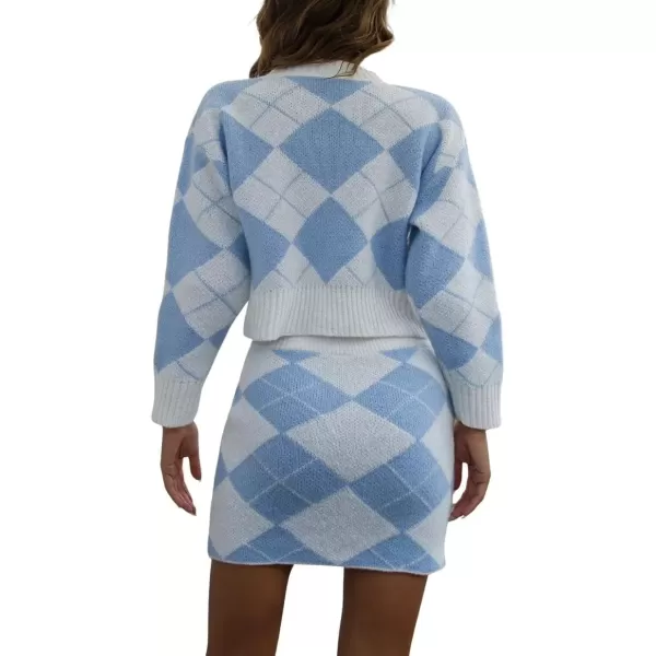imagechouyatou Womens Sweater 2 Piece Outfit Argyle Print Long Sleeve Pullover Crop Top and Mini Skirt SetBlue
