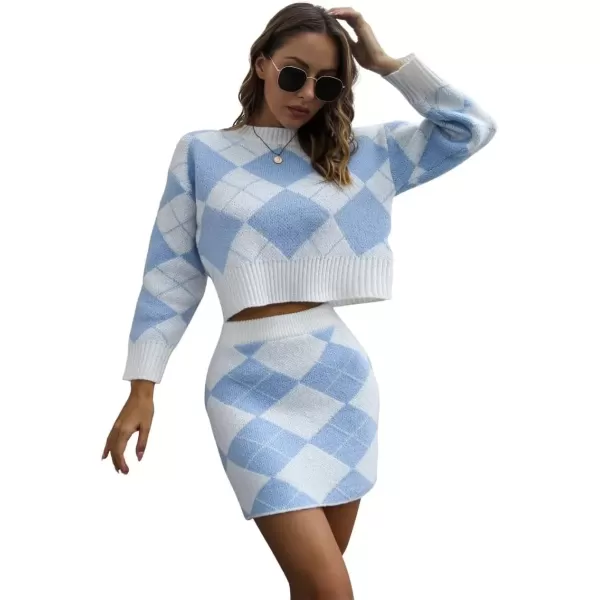 imagechouyatou Womens Sweater 2 Piece Outfit Argyle Print Long Sleeve Pullover Crop Top and Mini Skirt SetBlue