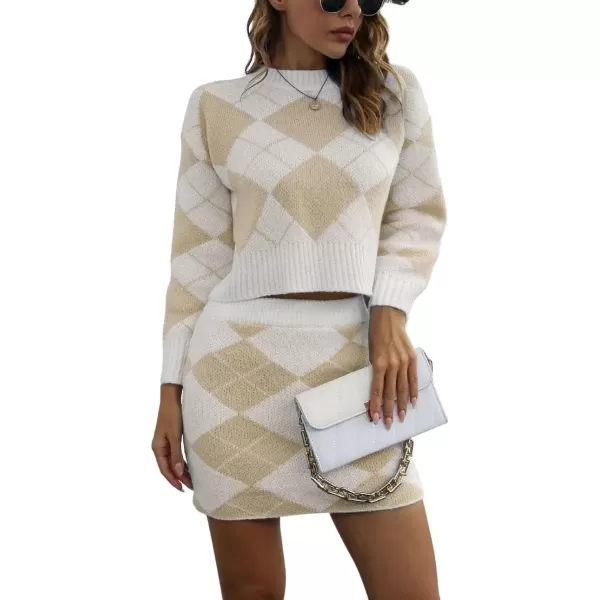 imagechouyatou Womens Sweater 2 Piece Outfit Argyle Print Long Sleeve Pullover Crop Top and Mini Skirt SetKhaki