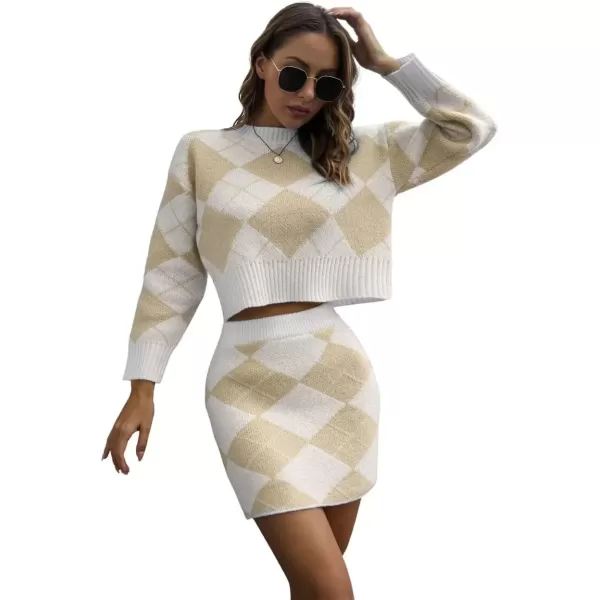 imagechouyatou Womens Sweater 2 Piece Outfit Argyle Print Long Sleeve Pullover Crop Top and Mini Skirt SetKhaki
