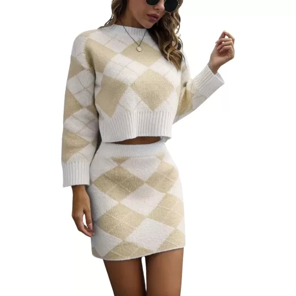 imagechouyatou Womens Sweater 2 Piece Outfit Argyle Print Long Sleeve Pullover Crop Top and Mini Skirt SetKhaki