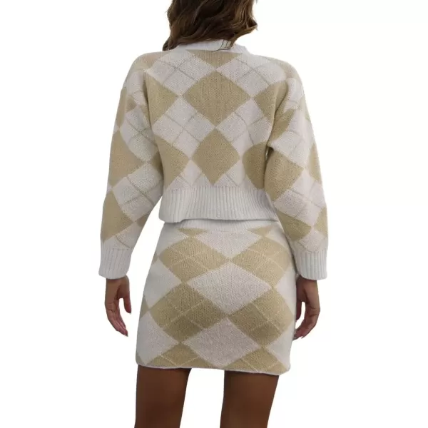 imagechouyatou Womens Sweater 2 Piece Outfit Argyle Print Long Sleeve Pullover Crop Top and Mini Skirt SetKhaki