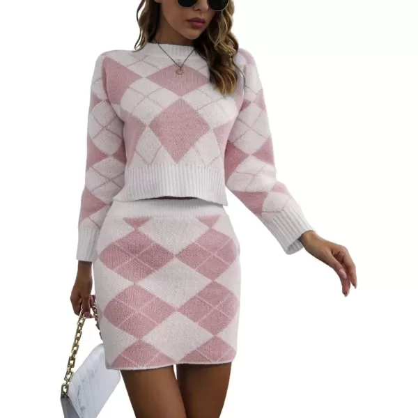 imagechouyatou Womens Sweater 2 Piece Outfit Argyle Print Long Sleeve Pullover Crop Top and Mini Skirt SetPink